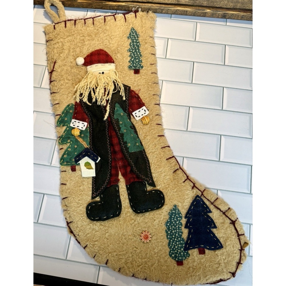 Country Christmas Stocking World Bazaar Primitive‎ Santa Cottage 20"x10"